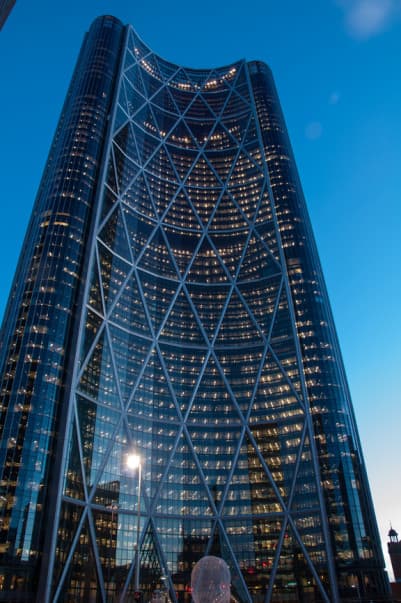The Bow tower in downtown Calgary at dusk